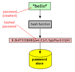 In the diagram  by White Oak Security, the cleartext password (“hello”) is hashed to get the value and then stored. There are different types of password hashing, depending on the use case or application.