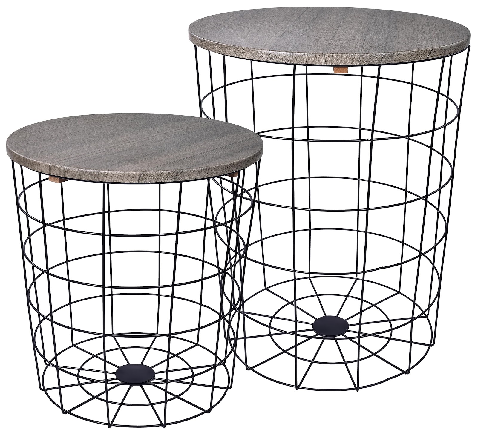 Elevon Nesting Table End Table Wire Basket Base with Wood Tops Side Table Set of 2, Gray