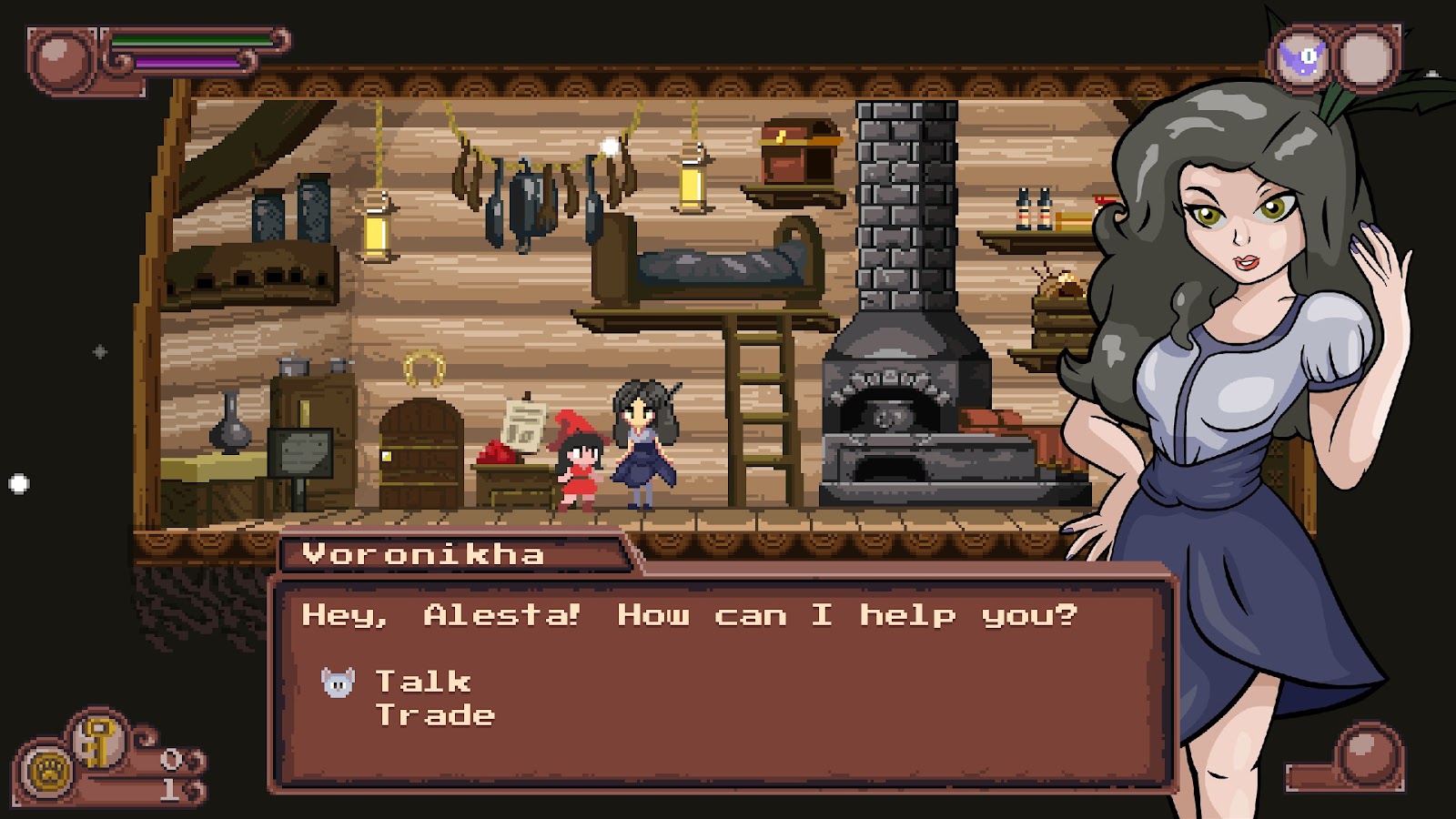 A screenshot showing inside a house, with the witch speaking to a character called Veronikha.