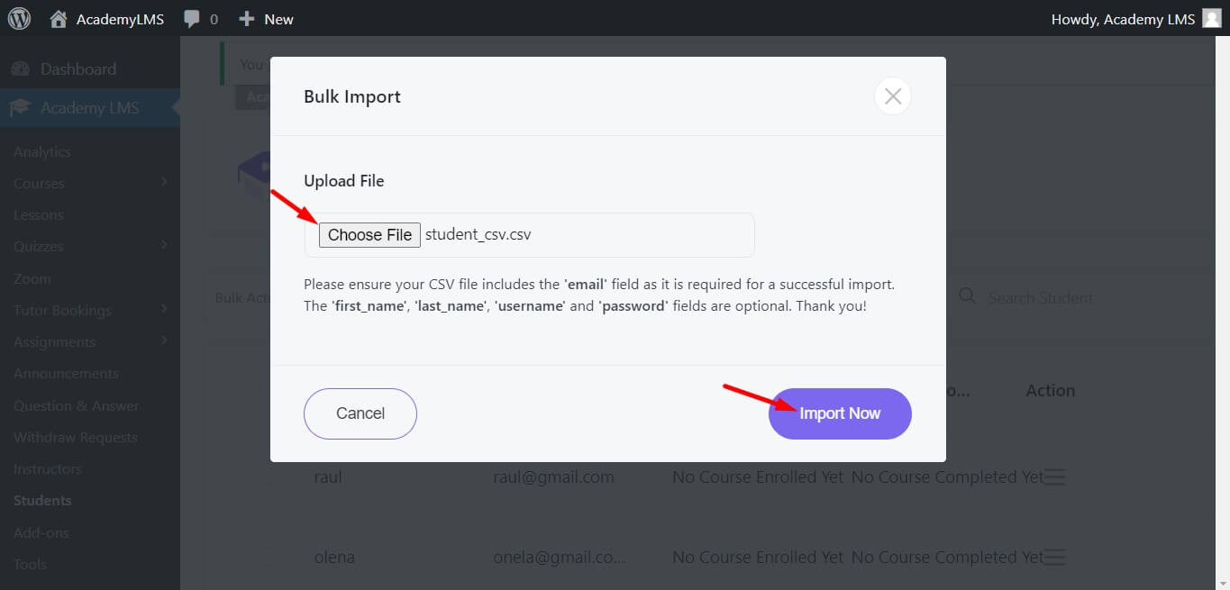 choose csv file and click on import