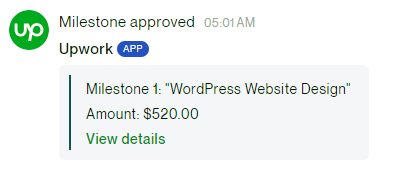 Screenshot of Upwork fixed-price milestone automatically approved after 14 days