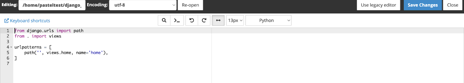 A cPanel text editor displaying a Django urls.py file with Python code. The code imports the 'path' function from 'django.urls' and 'views' from the current directory. It defines a list called 'urlpatterns' with a single path function mapping the root URL ('') to 'views.home' with the name 'home'.