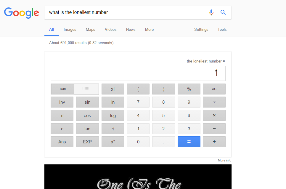 Screenshot of search result for “what is the loneliest number”, with the number 1 as a result.