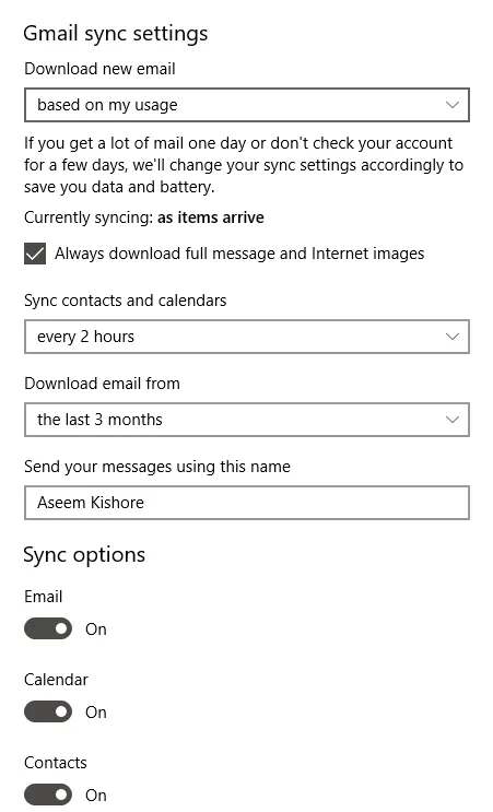 Change Mail box Sync settings in Windows 10