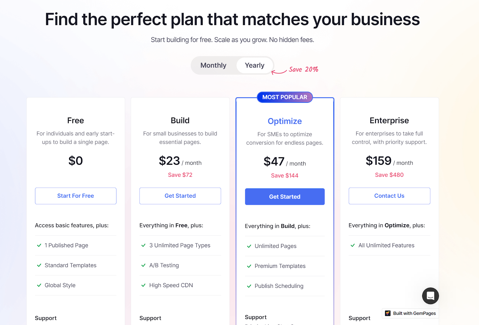 GemPages pricing plans
