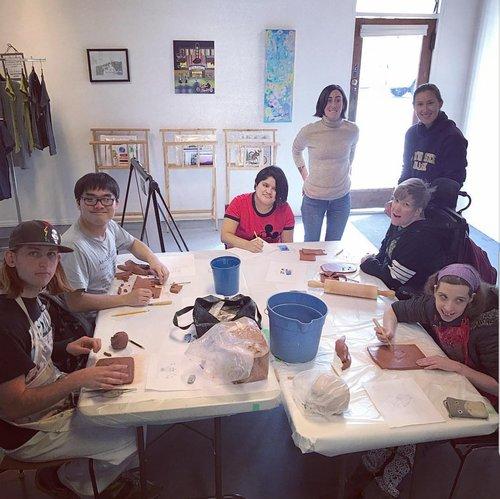 Intern Allison facilitates a clay workshop with the studio artists. Last year was Claraty Arts’ first time showing ceramics at our art show! Thank you Allison for what you brought to the studio!