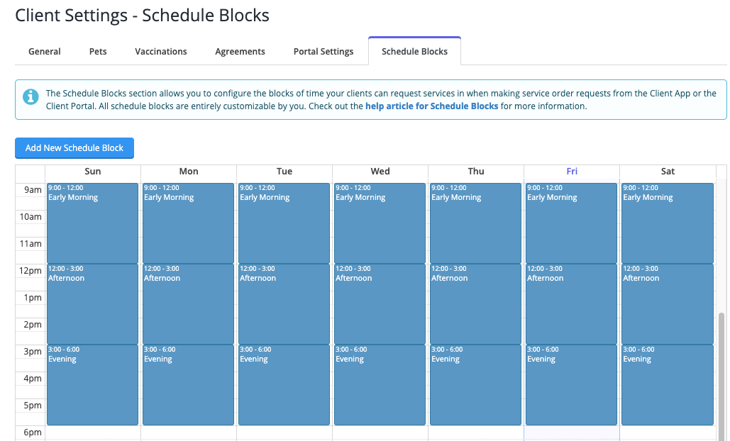 View of Sample Schedule Block Setup