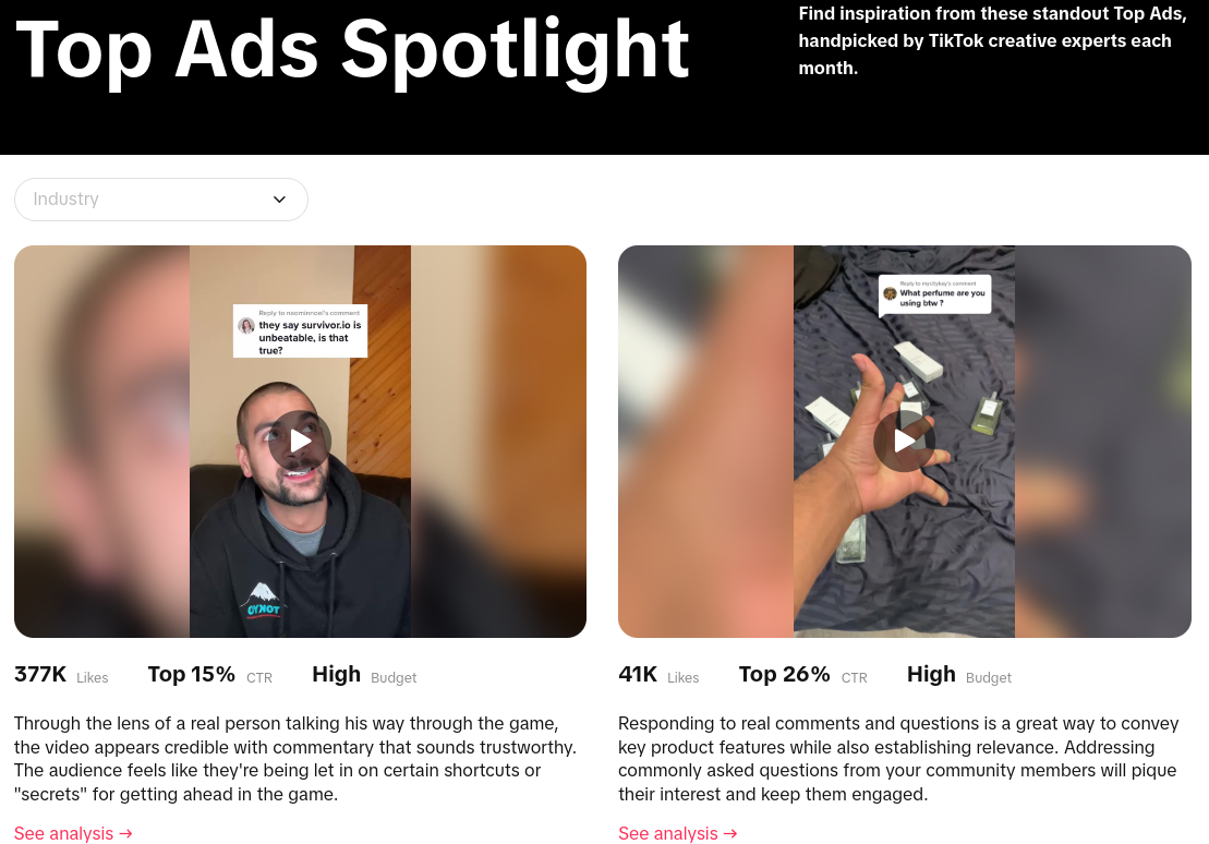 TiKTok Ad Spotlight showcasing top ads