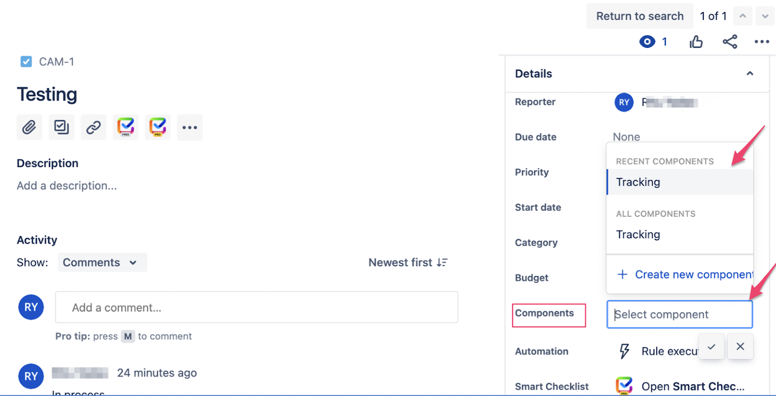Selecting components inside Jira issues