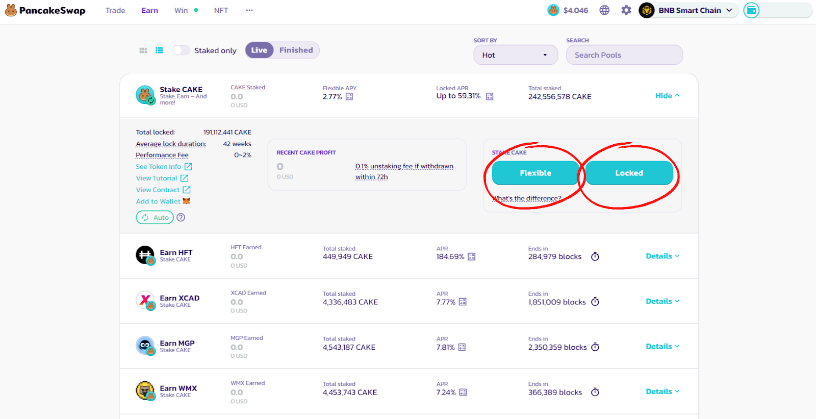 Détails de staking pour chaque pool présente sur PancakeSwap. Deux options principales sont disponibles, par pool : le staking flexible et le staking  bloqué.