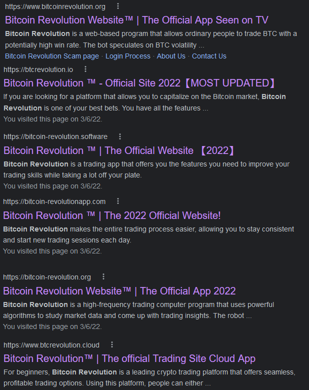Nettstedene til Bitcoin Revolution