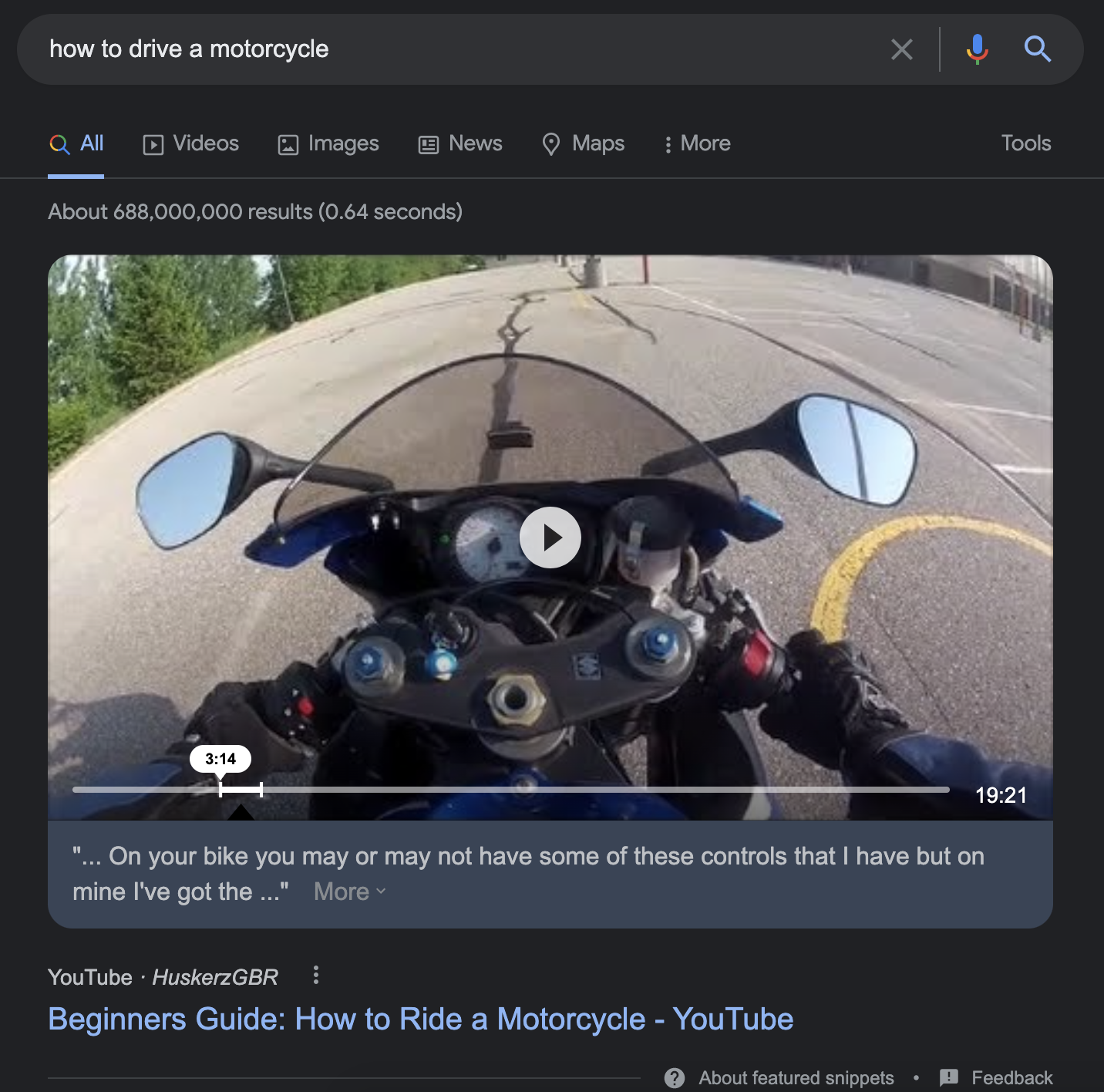 Video snippet of a motorcycle showing how keyword research for SEO can help promote snippets