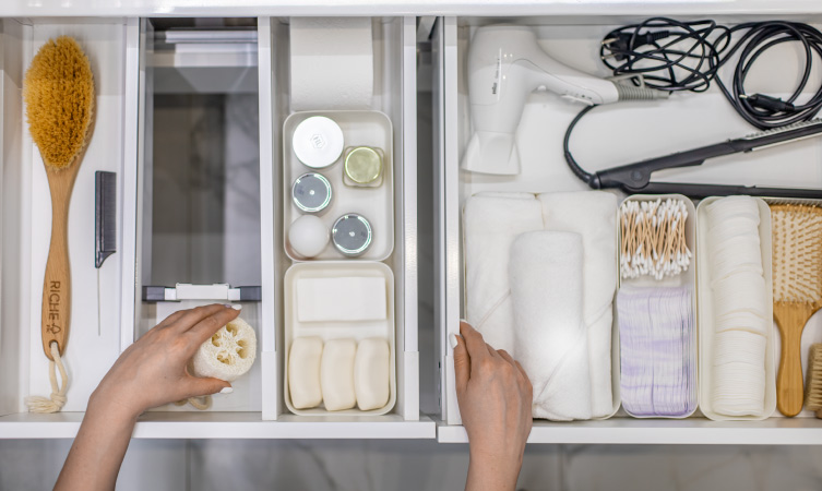 Bathroom drawers organized neatly