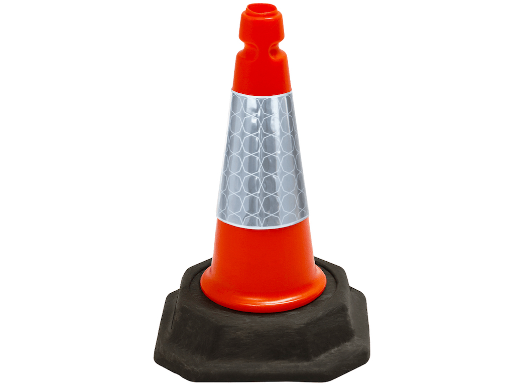 Traffic Cone Guide; a premium traffic cone with an orange top and black base.