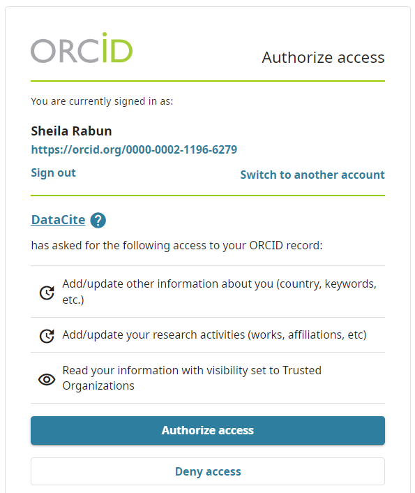 ORCID authorization screen