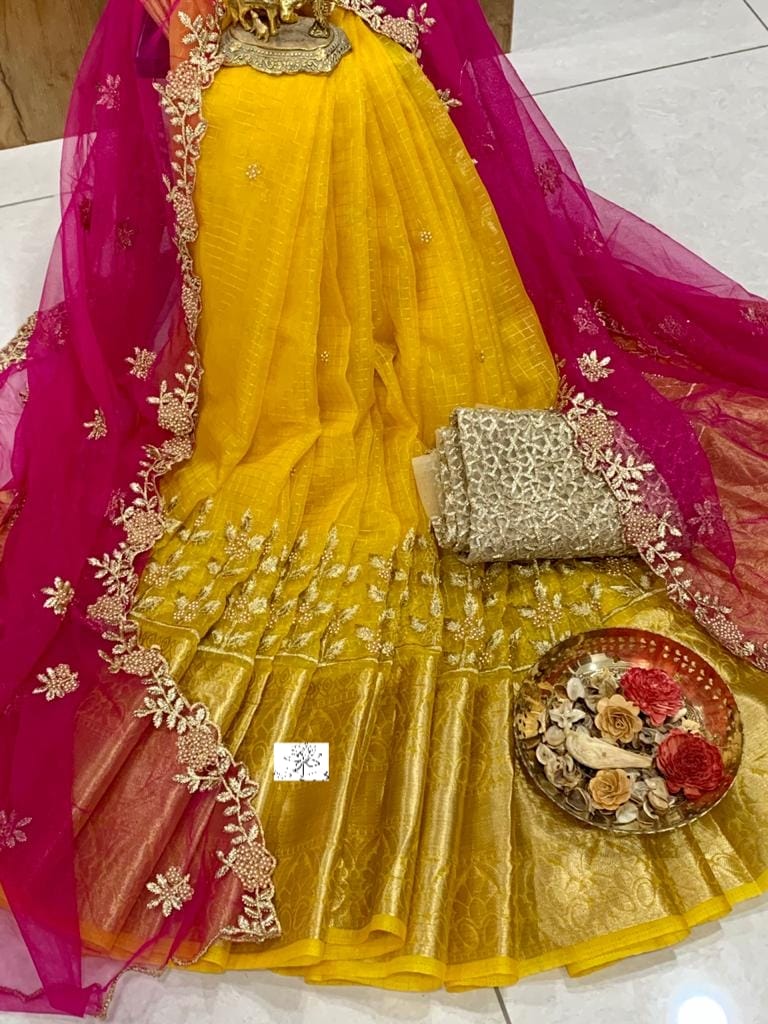 Pure Kanchi organza big borders jardozi work Lehenga