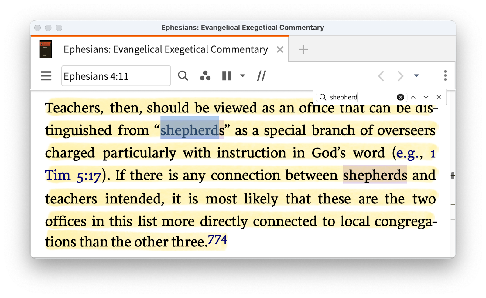 screenshots of shepherds highlighted in Logos in Ephesians 4:11