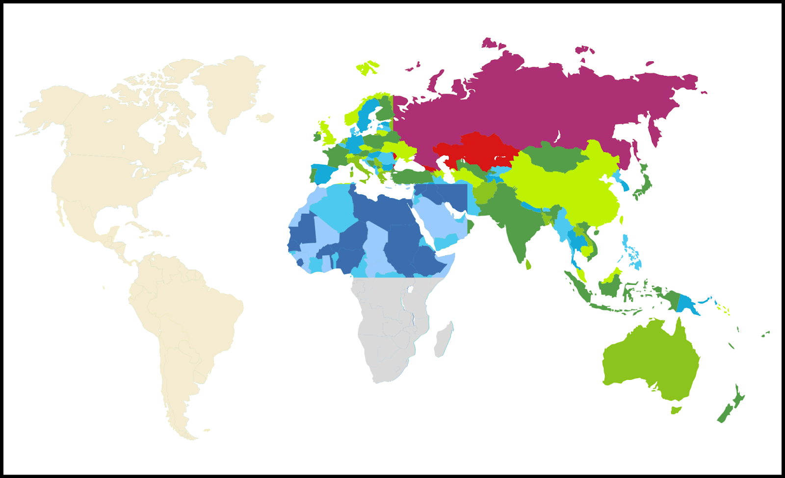 This image is that of a world map with different regions highlighted n different colors based on a person's ancestry test results.