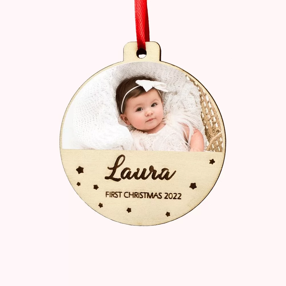 Personalized Baby's First Christmas Wooden Photo Bauble
