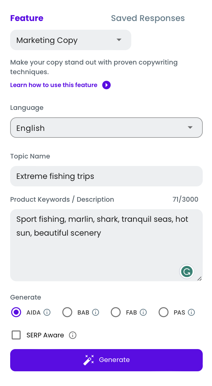 The marketing copy userface that has a prompt about extreme fishing trips. 