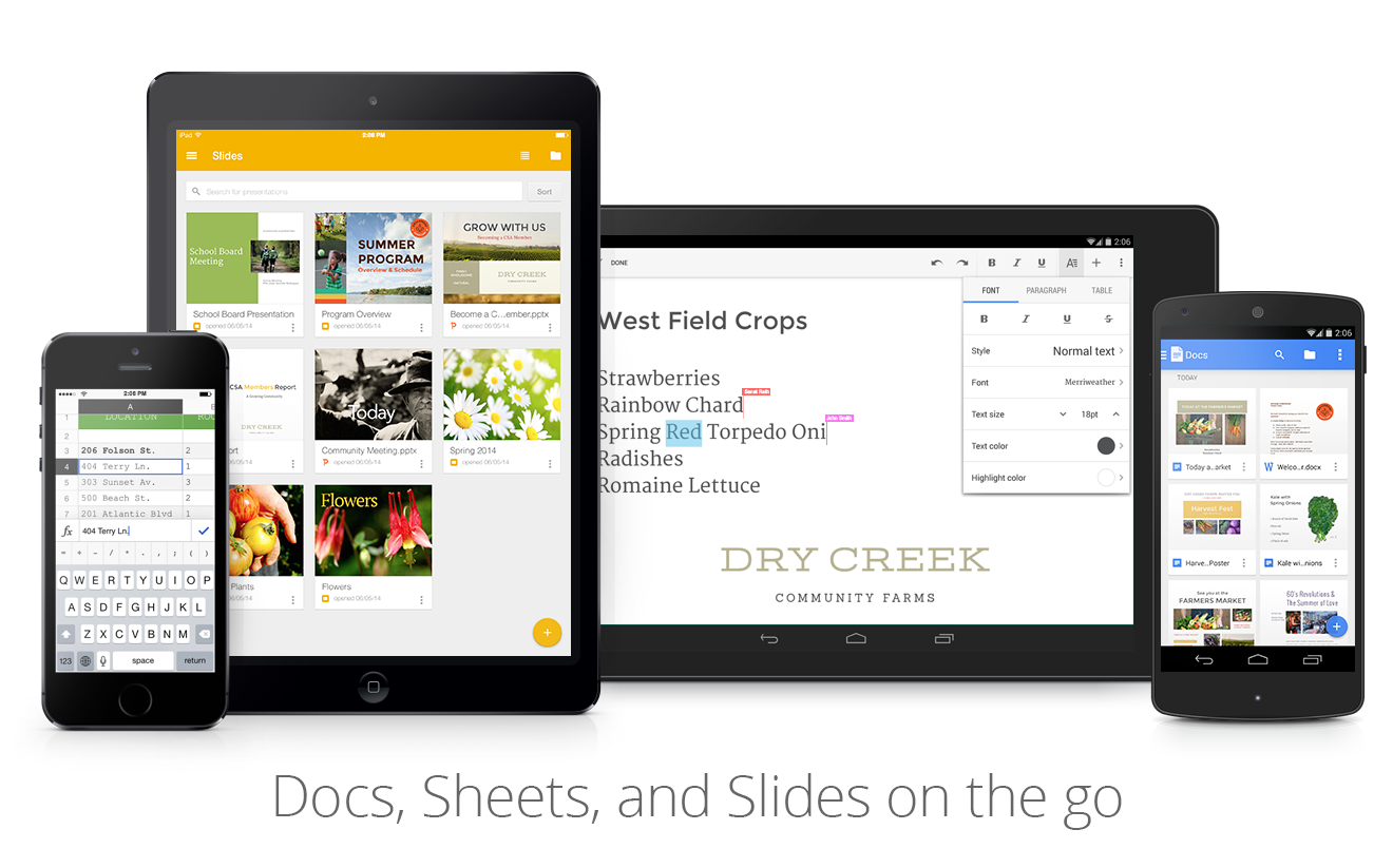 Mobile devices featuring Docs, Sheets and Slides apps