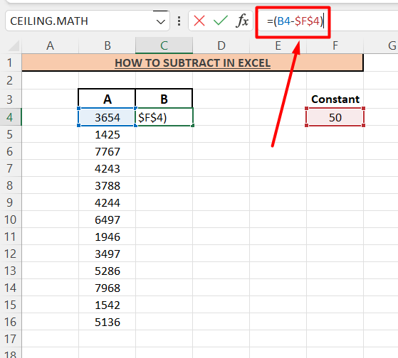 how to subtract in Excel- Add the formula in the specified format