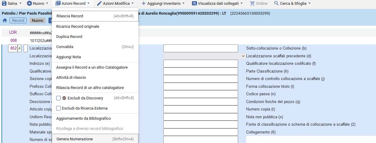 Funzione Genera numerazione