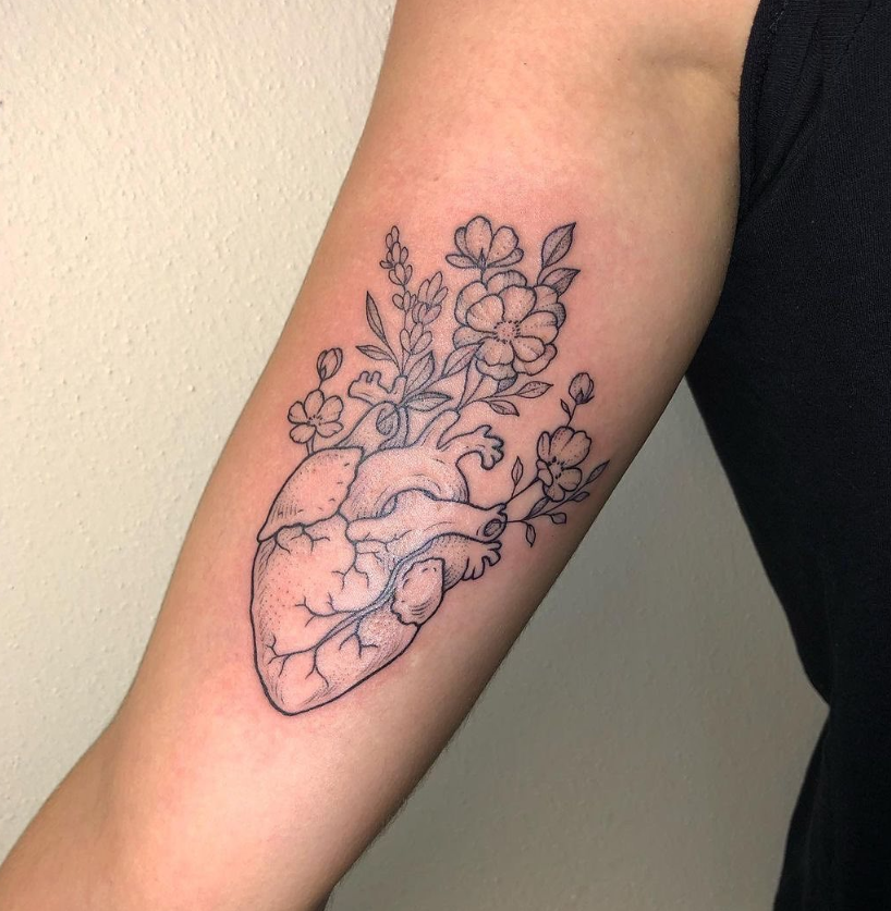 Heart With Flowers Anatomical Heart Tattoos