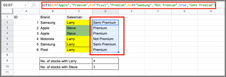 Does not equal google sheets with ifs formula