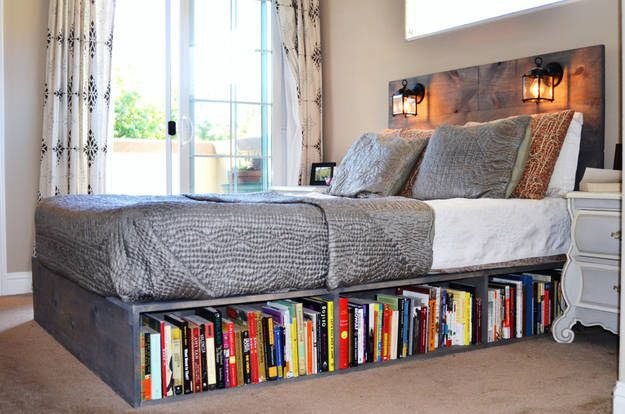 Use a bookshelf or dresser on its side to raise a bed (as a bed riser alternative).