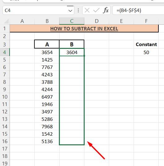 how to subtract in Excel- Drag to copy the formula to the whole column