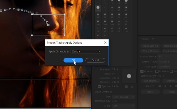 Inside Tracker panel window, press apply -> ok for 'X and Y' -> utilize tracking data to Object.