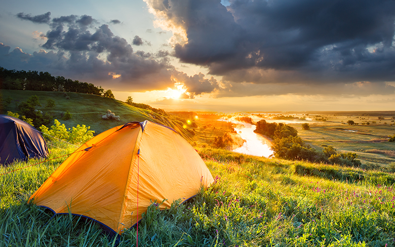 Hiking Camping Tent with beautiful sunset. Best hiking tents