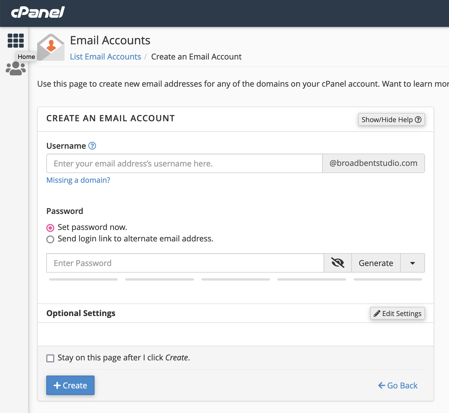 Screenshot of cPanel to add an email account. Showing textbox to add custom domain email address and password.