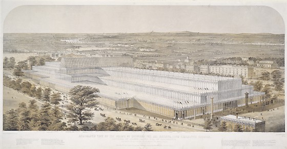 Aeronautic view of The Palace of Industry For All Nations, from Kensington Palace by Charles Burton, England, 1851 - 1852. Museum no. 19614