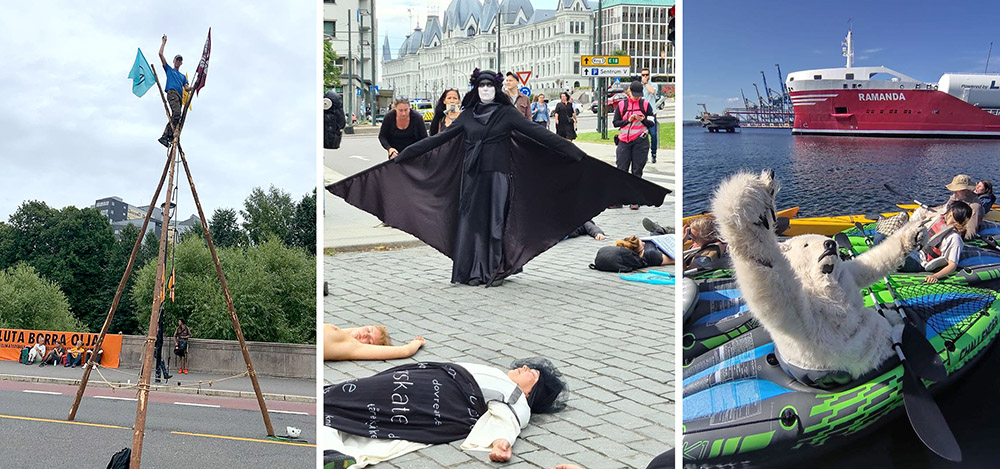 A montage of three pictures: a rebel on top of a bamboo structure waves a flag; a die-in on a public square during the march of mourning; several kayaks form a blockade in a port - one of the kayakers is dressed as a polar bear!