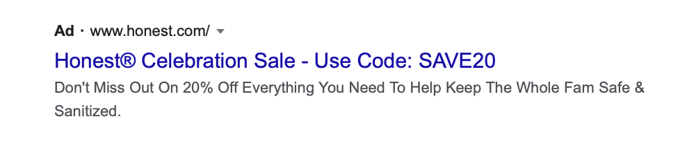 Google Ad showing a promotional code 