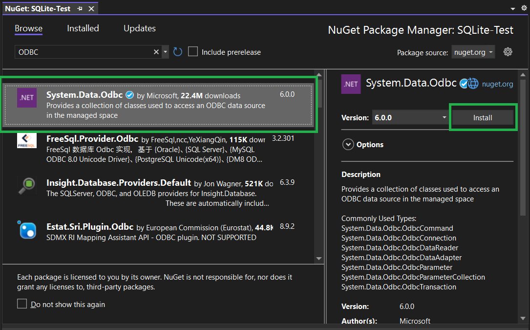 Installing the System.Data.Odbc package in the Visual Studio project.
