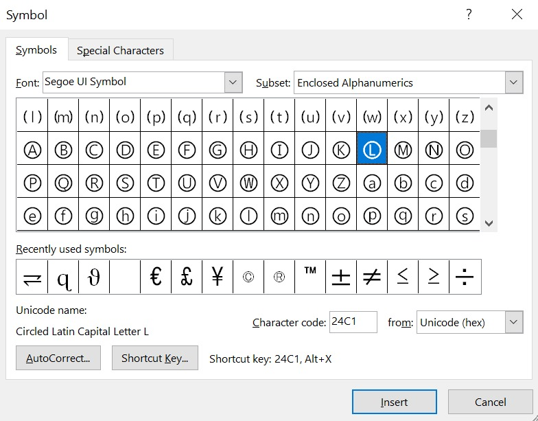 searching for Uppercased Circled L symbols using the character code