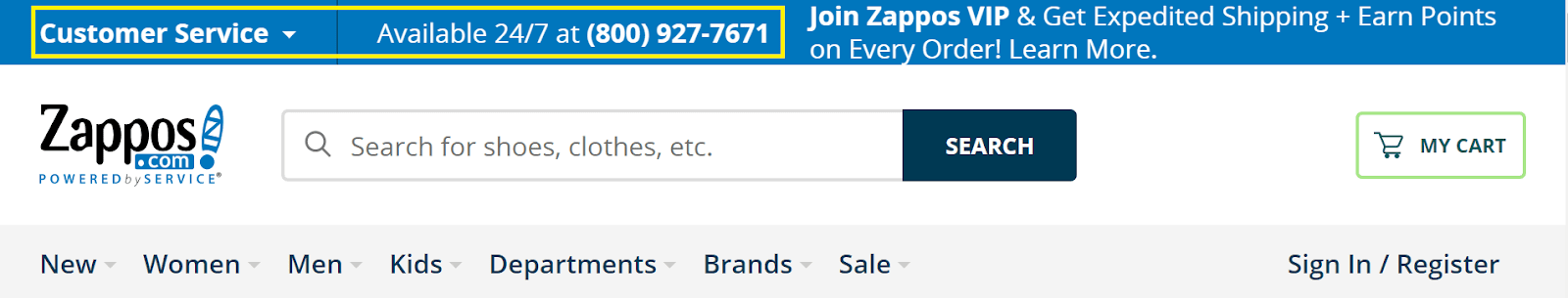 An image of the Zappos homepage, where a 24/7 customer help line is available at the top of the page.
