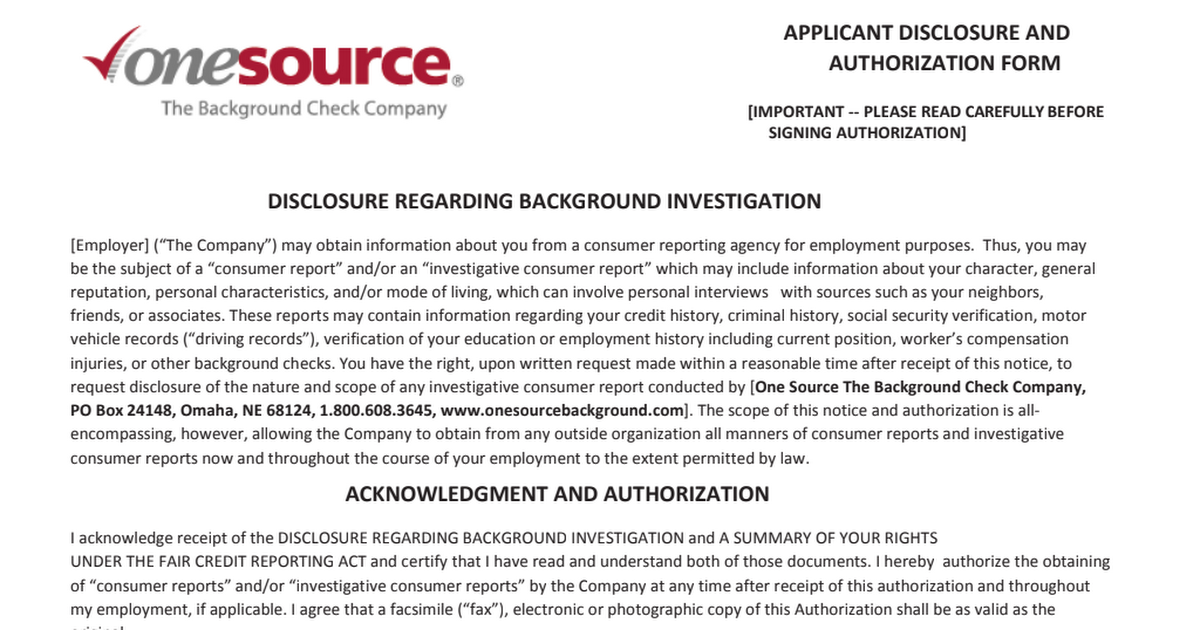 One Source Background Check Release Form pdf Google Drive