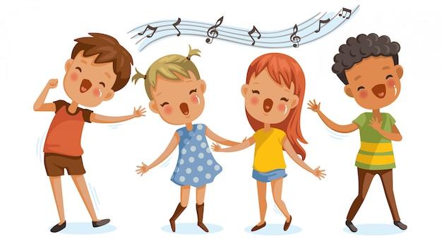 Дети поют. мальчики и девочки счастливо поют вместе | Премиум векторы