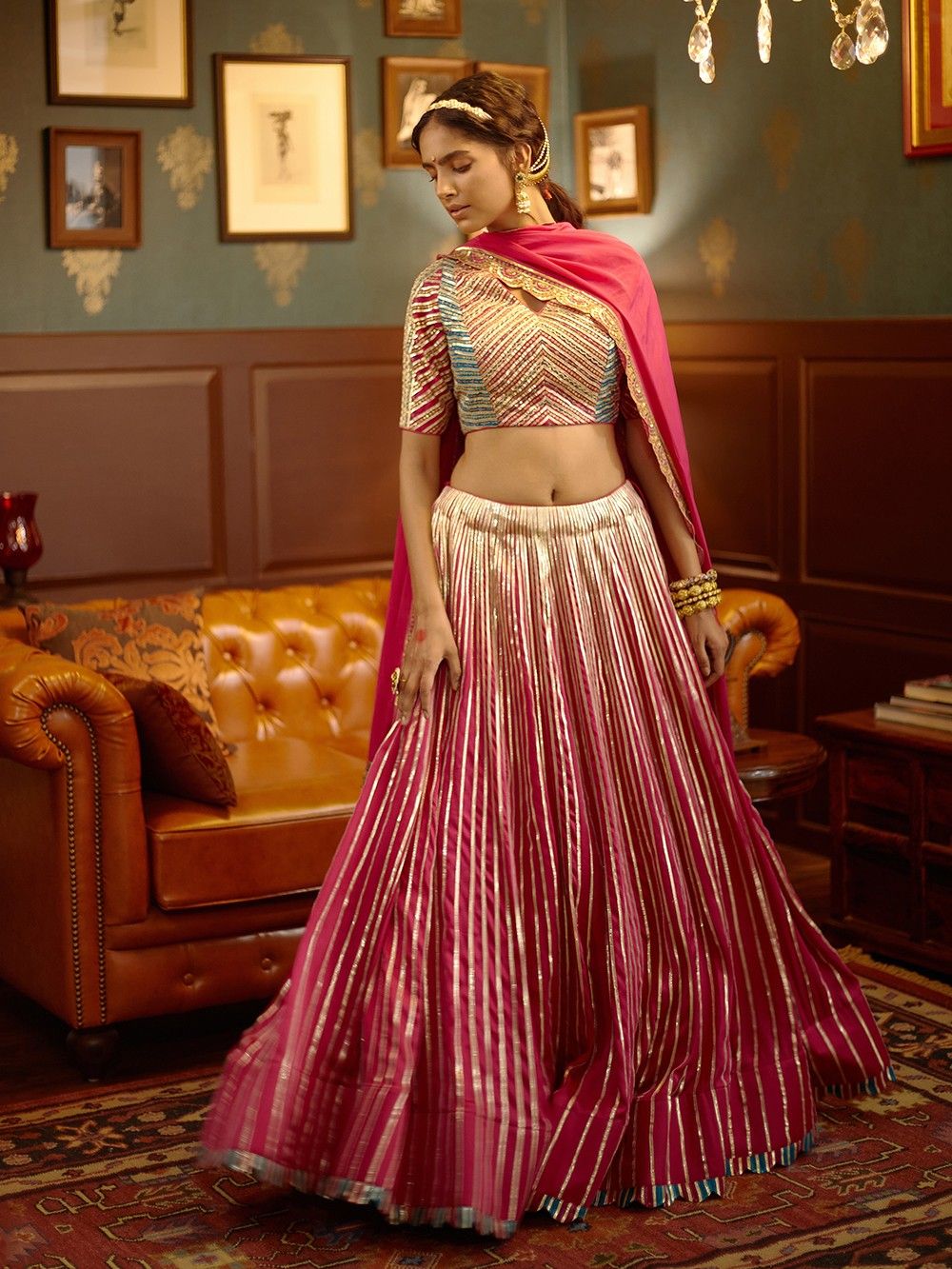 the loom - Pink Organza Blouse with Satin Lehenga