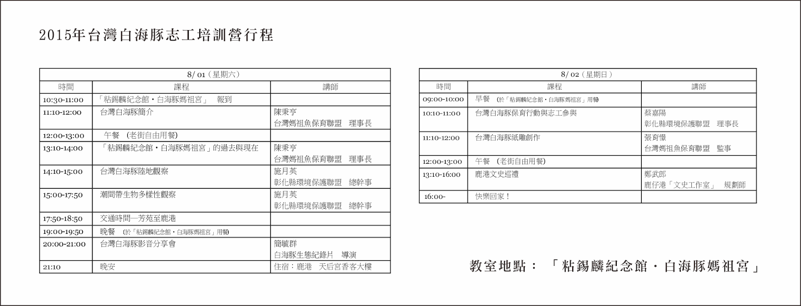 報到時間 8/1 (六) 早上10:30-11:00 at 「粘錫麟紀念館‧白海豚媽祖宮」