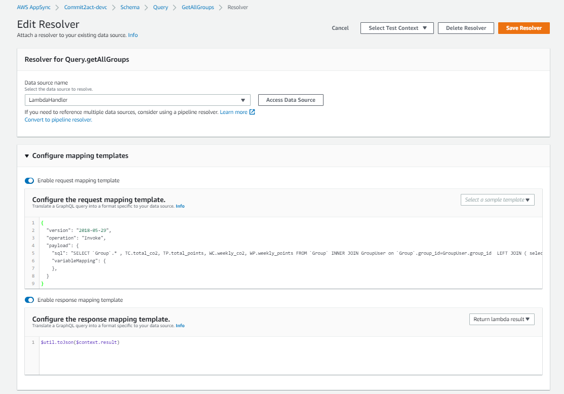 A screenshot of the edit resolver page with the subsection "Configure mapping templates".