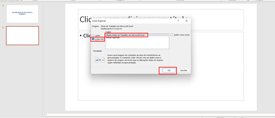 Colando link do dashboard no Excel para o powerpoint