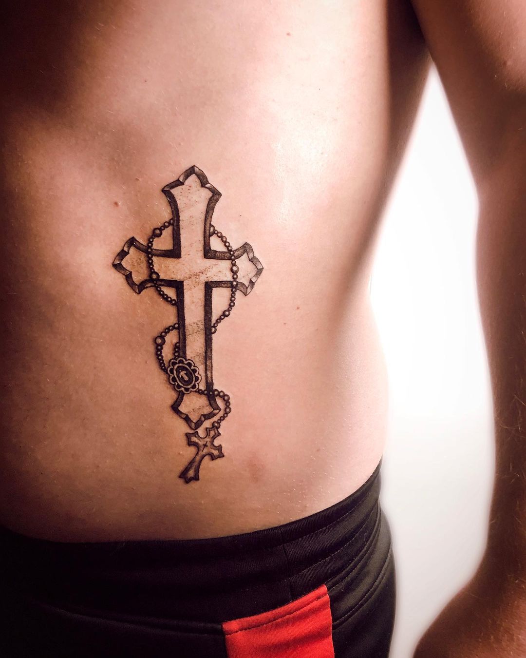 Black Ink 3D Rosary Cross Tattoo
