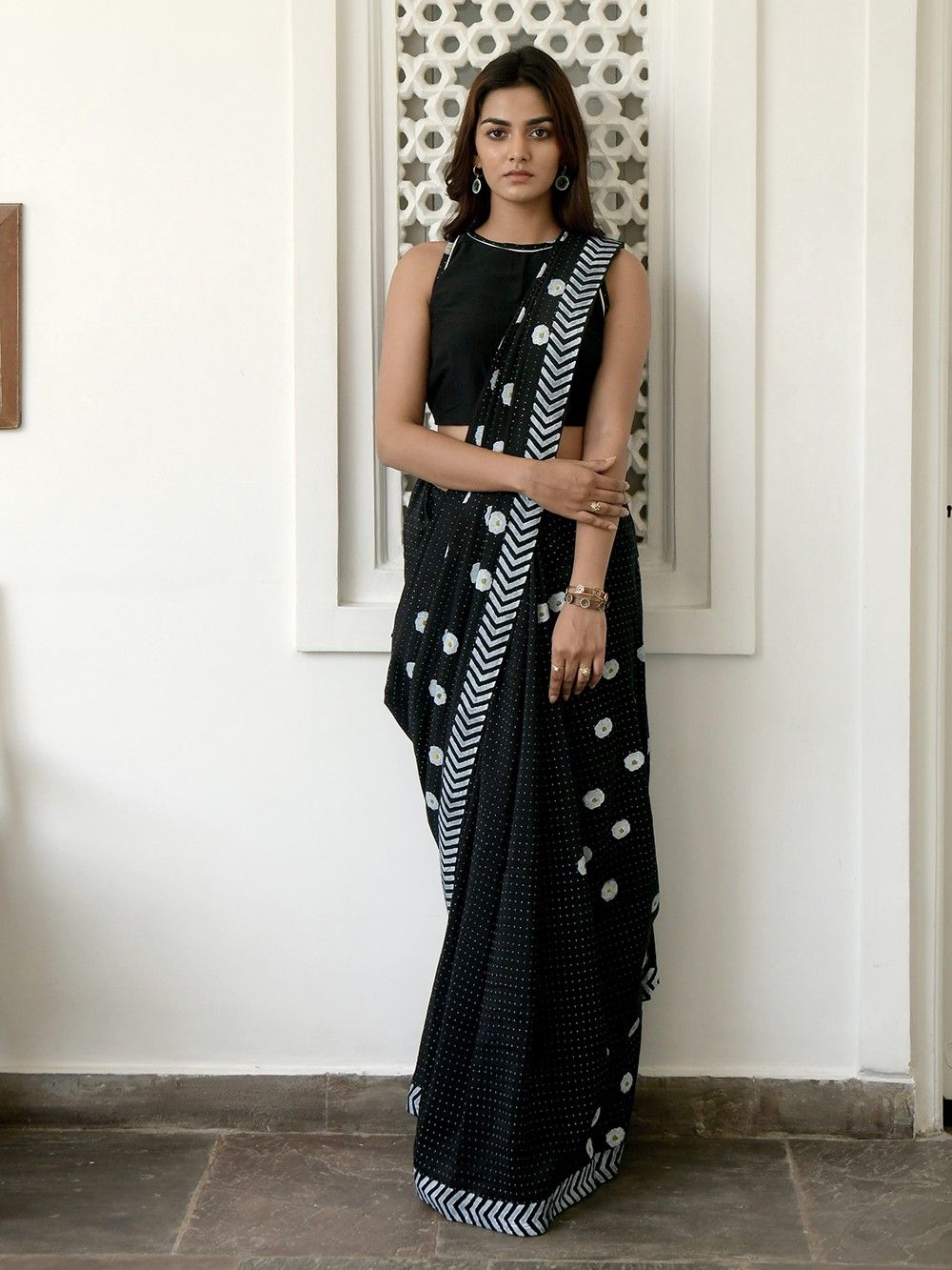 the loom - Black white polka dot cotton silk saree