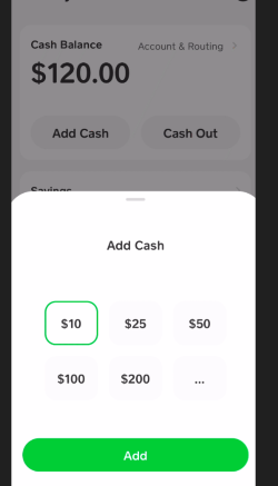 View of how to add money to Cash App card from a linked bank account within the app. 