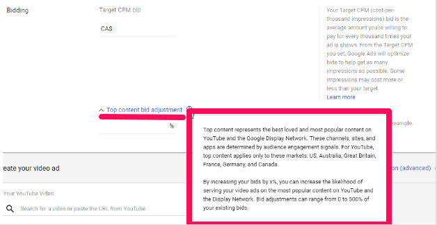 top content bid adjustment for youtube ads.